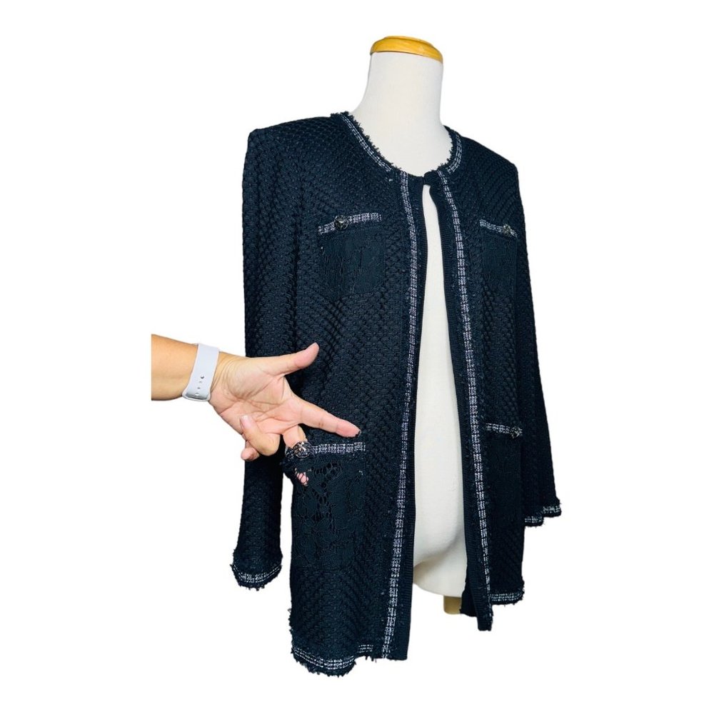 Misook Embroidered Knit Jacket 3/4 Sleeve Lace Patch Embellished Buttons Black M - Picture 3 of 16